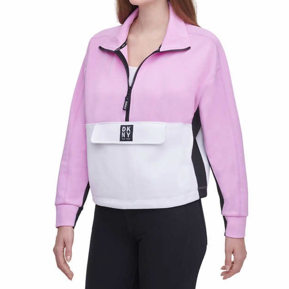DKNY • Sport Pink/White Colorblock Half-Zip Pullover Sweatshirt, S - Picture 1 of 16